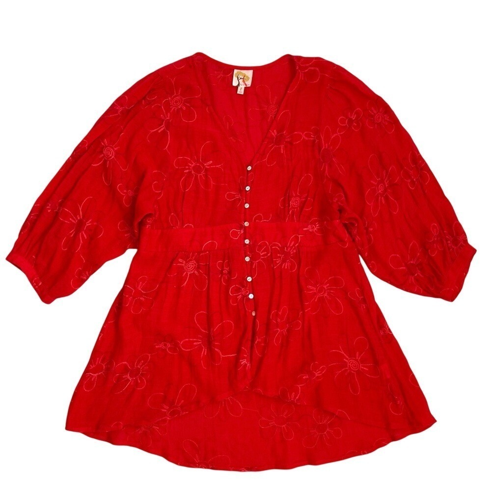 Fig & Flower Cottage Whimsy Tomato Red Floral Embroidered Puff Sleeve Blouse